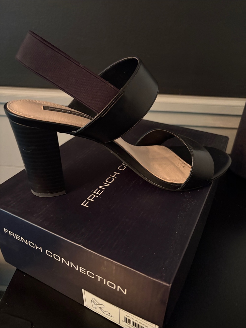 French Connection Black Leather Block Heel Slingback Sandal